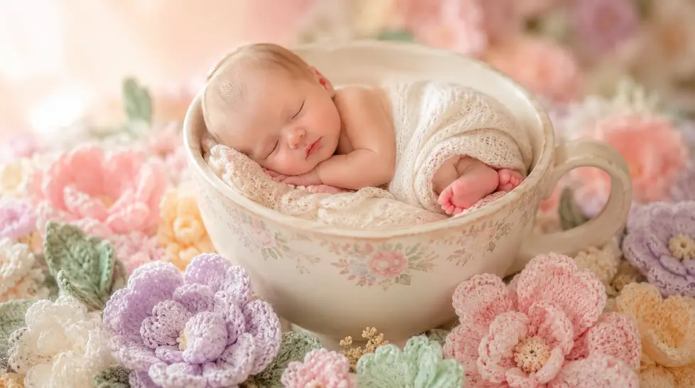 Soft newborn portrait of a sleeping baby curled inside a vintage cream floral teacup, surrounded by pastel crochet flowers in blush pink, lavender, mint, ivory, and butter yellow.