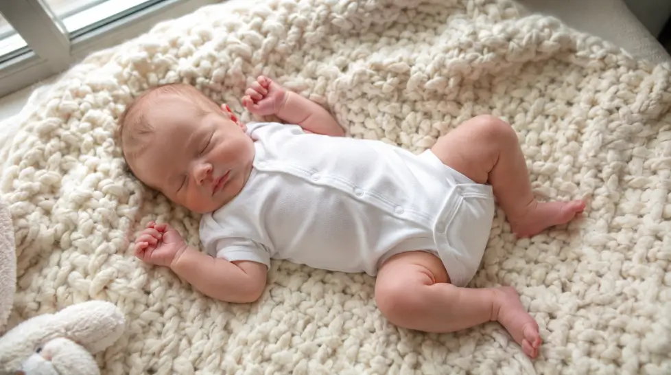 Candid overhead phone photo of a peaceful newborn baby sleeping in a white onesie on a thick cream knit blanket near soft natural window light, with a small stuffed toy at the edge.