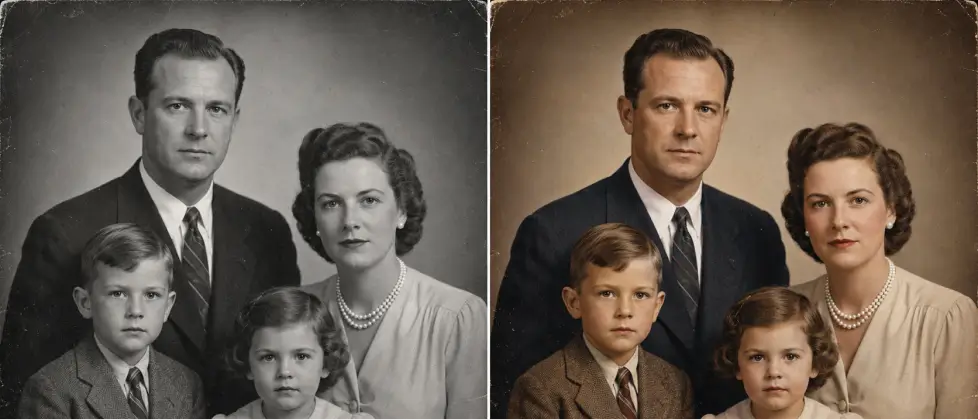 Side-by-side comparison of a vintage 1940s black-and-white family portrait labeled Original and the same portrait realistically restored and colorized with AI.