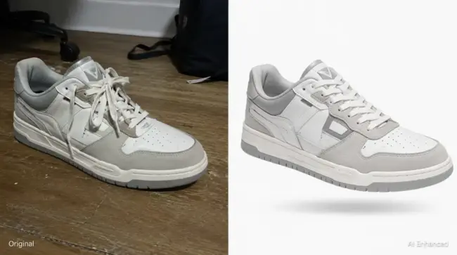 Split-screen comparison of a white and grey sneaker, showing a messy original smartphone photo on a hardwood floor on the left and an AI-enhanced clean ecommerce product image on a white studio background on the right.