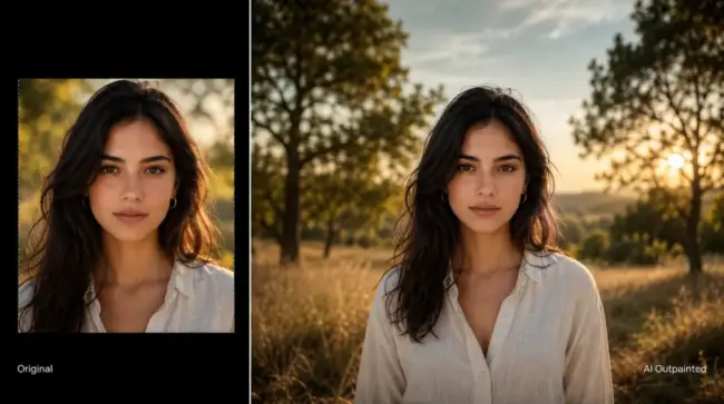 Side-by-side comparison showing a tightly cropped square portrait labeled Original and the same portrait expanded into a wide cinematic outdoor scene through AI outpainting.