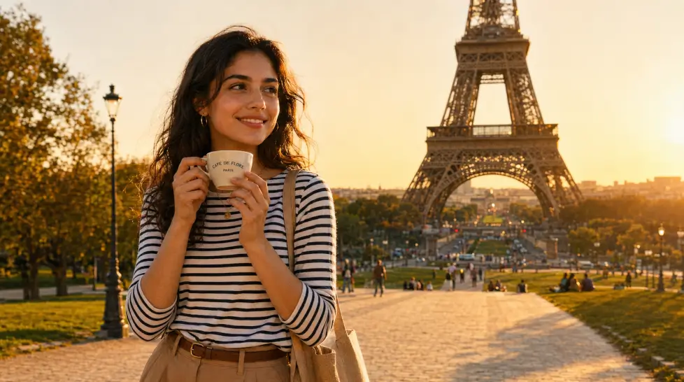 Young woman holding a café au lait cup in front of the Eiffel Tower at golden hour, wearing a striped Breton top and camel trousers with warm Parisian park scenery in the background.