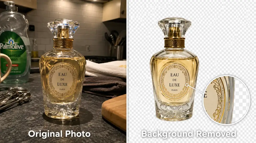 Before and after comparison of a glass perfume bottle on a cluttered kitchen counter with its background removed and isolated on a transparent checkerboard backdrop.