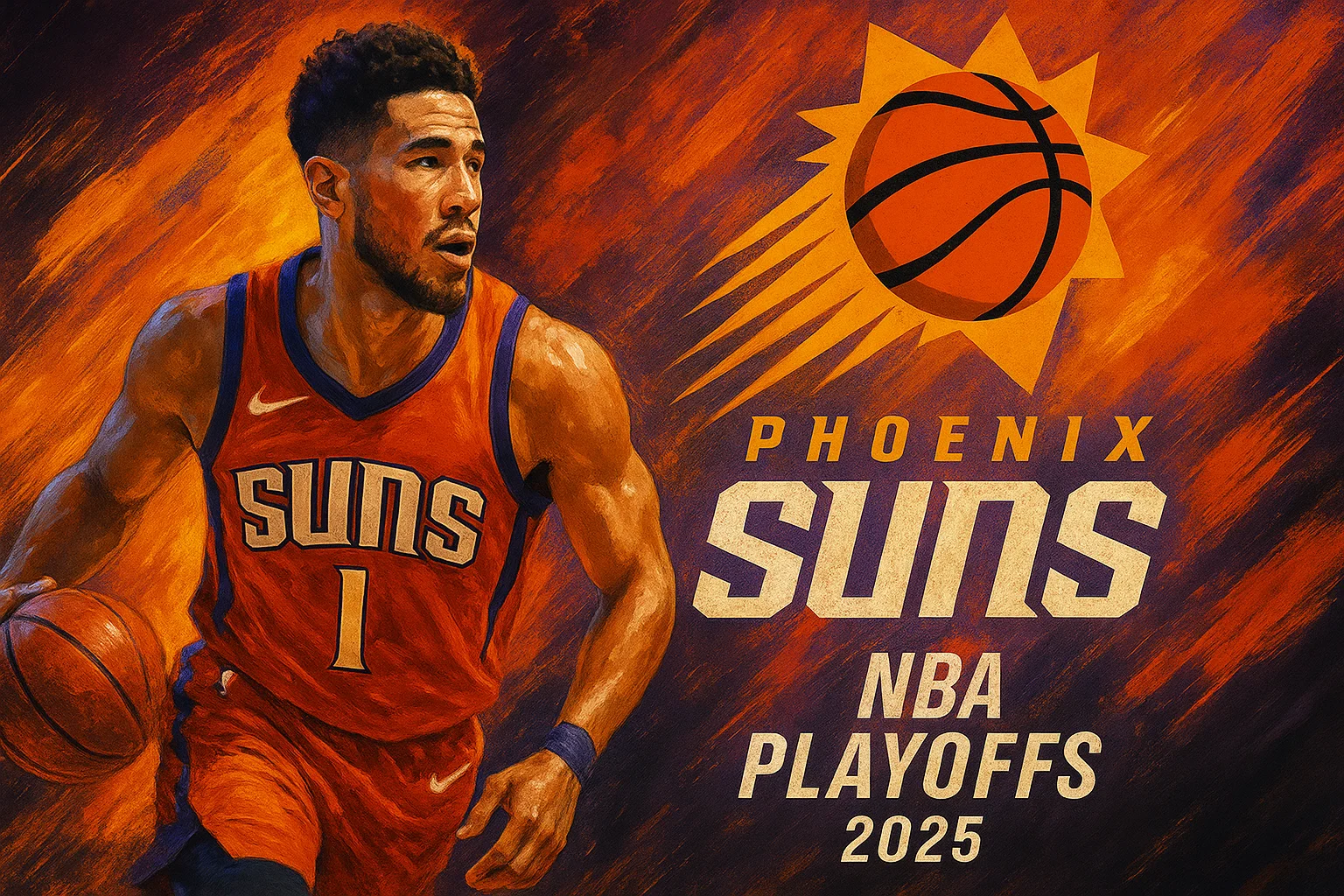 AI-generated Phoenix Suns poster featuring a basketball player in orange jersey with number 1, fiery orange and purple brushstroke background, Suns logo, and NBA Playoffs 2025 title