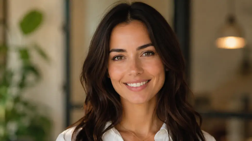 Photorealistic AI avatar headshot of a smiling woman in warm soft studio lighting, with natural skin texture, dark wavy hair, a white shirt, and a softly blurred indoor background.