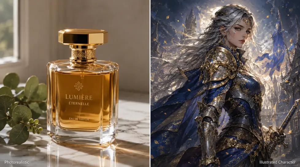 Split-screen AI image generation comparison showing a photorealistic luxury perfume bottle on marble beside a highly detailed illustrated fantasy warrior character in ornate blue and gold armor.