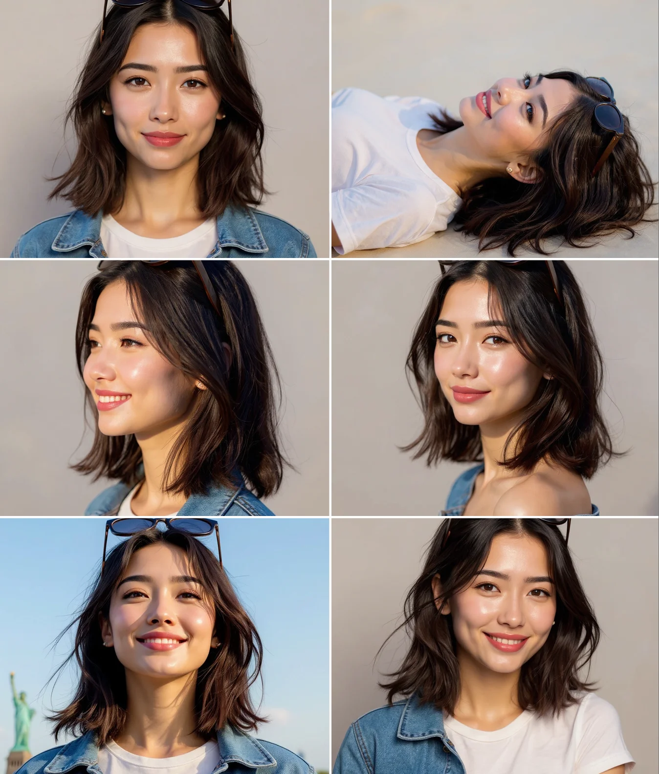 Portrait Series of an Asian woman captured in front, side, and angled views using AI portrait generator.