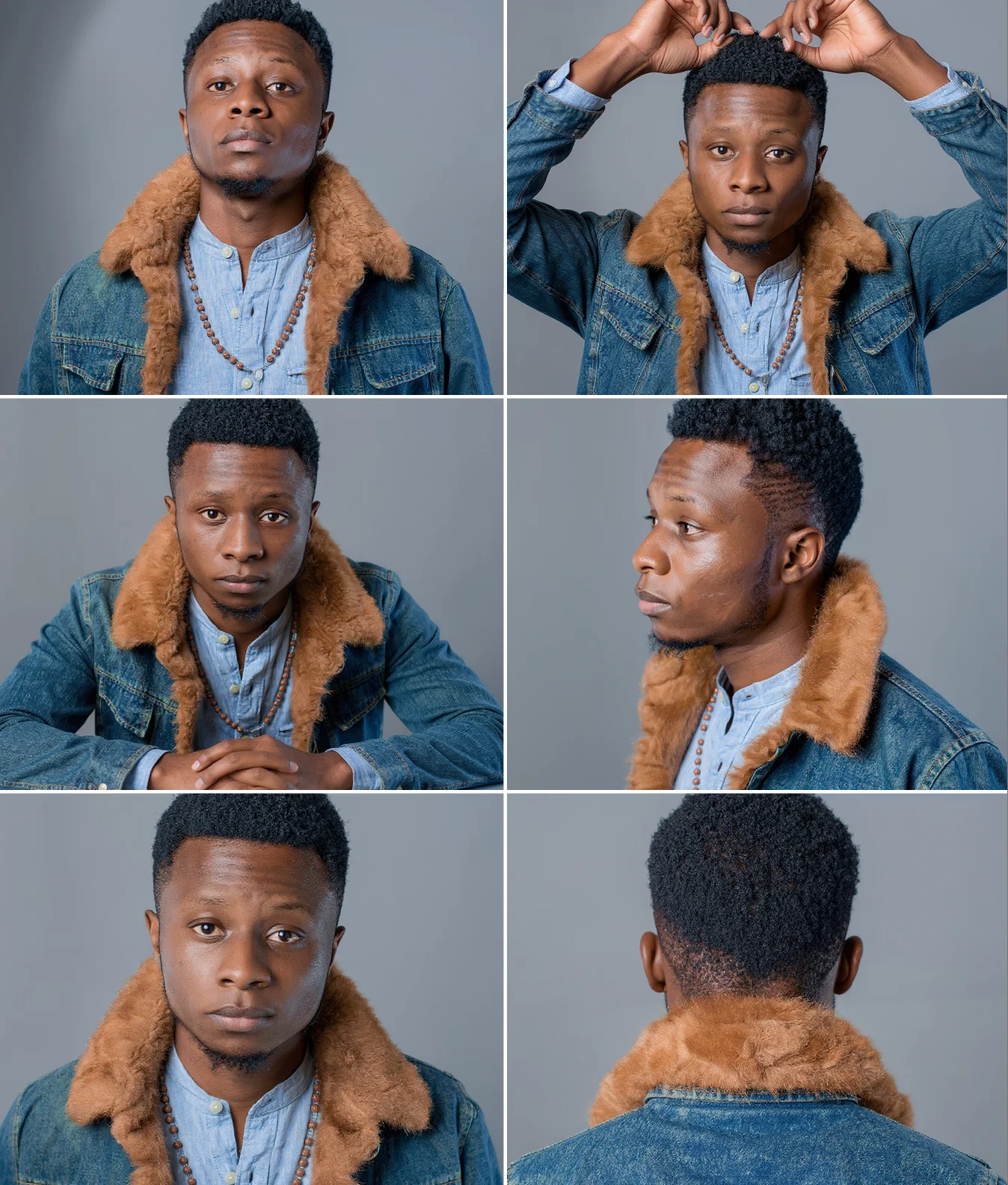 Portrait Series grid of a Black male model showing natural expressions and multiple angles.