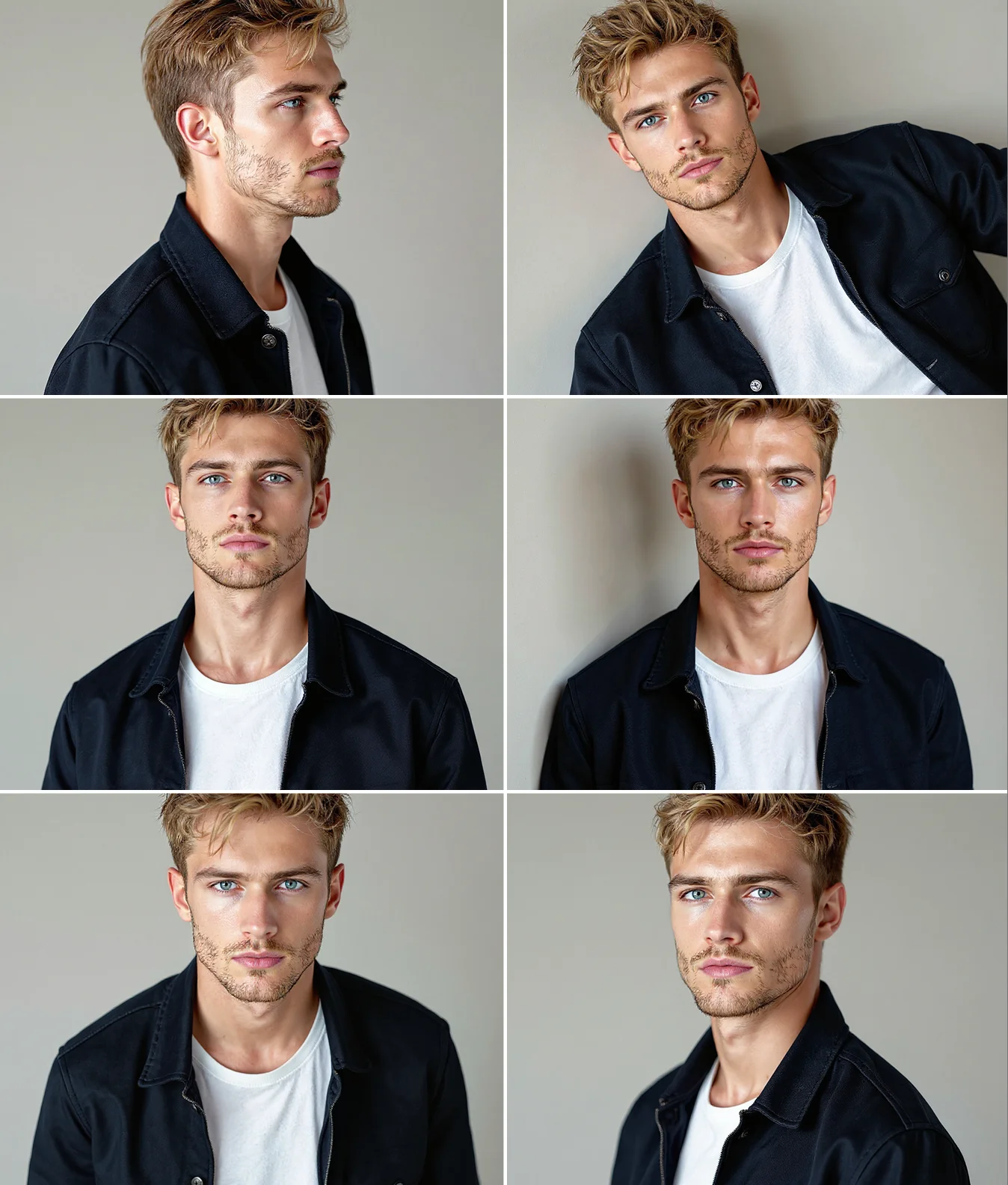 AI-generated portrait series showing two men from profile and front views with soft background.