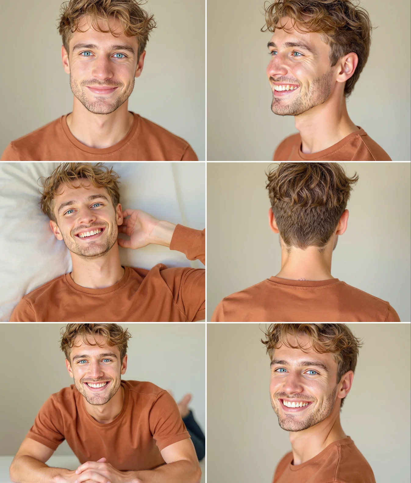 Portrait Series showing a young man in various expressions and angles, AI-generated from one image.