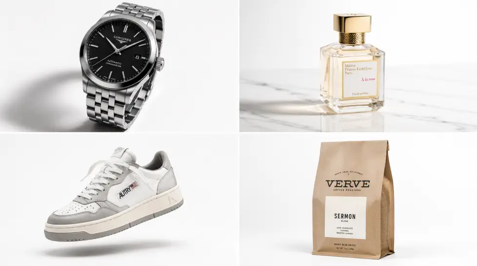 A clean 2x2 product photography grid featuring a luxury wristwatch, glass perfume bottle, white sneaker, and kraft coffee bag on bright white studio backgrounds.