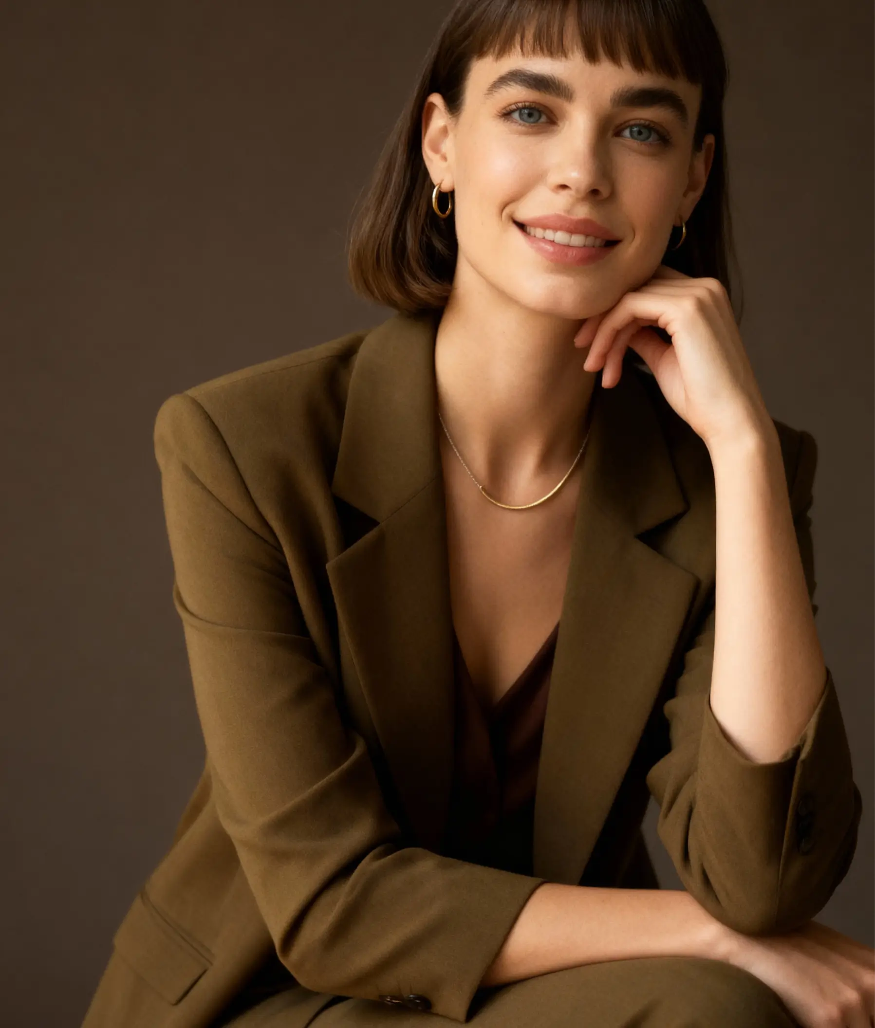 A professional headshot of a woman in an olive blazer sitting with a relaxed pose, smiling softly against a warm brown backdrop.