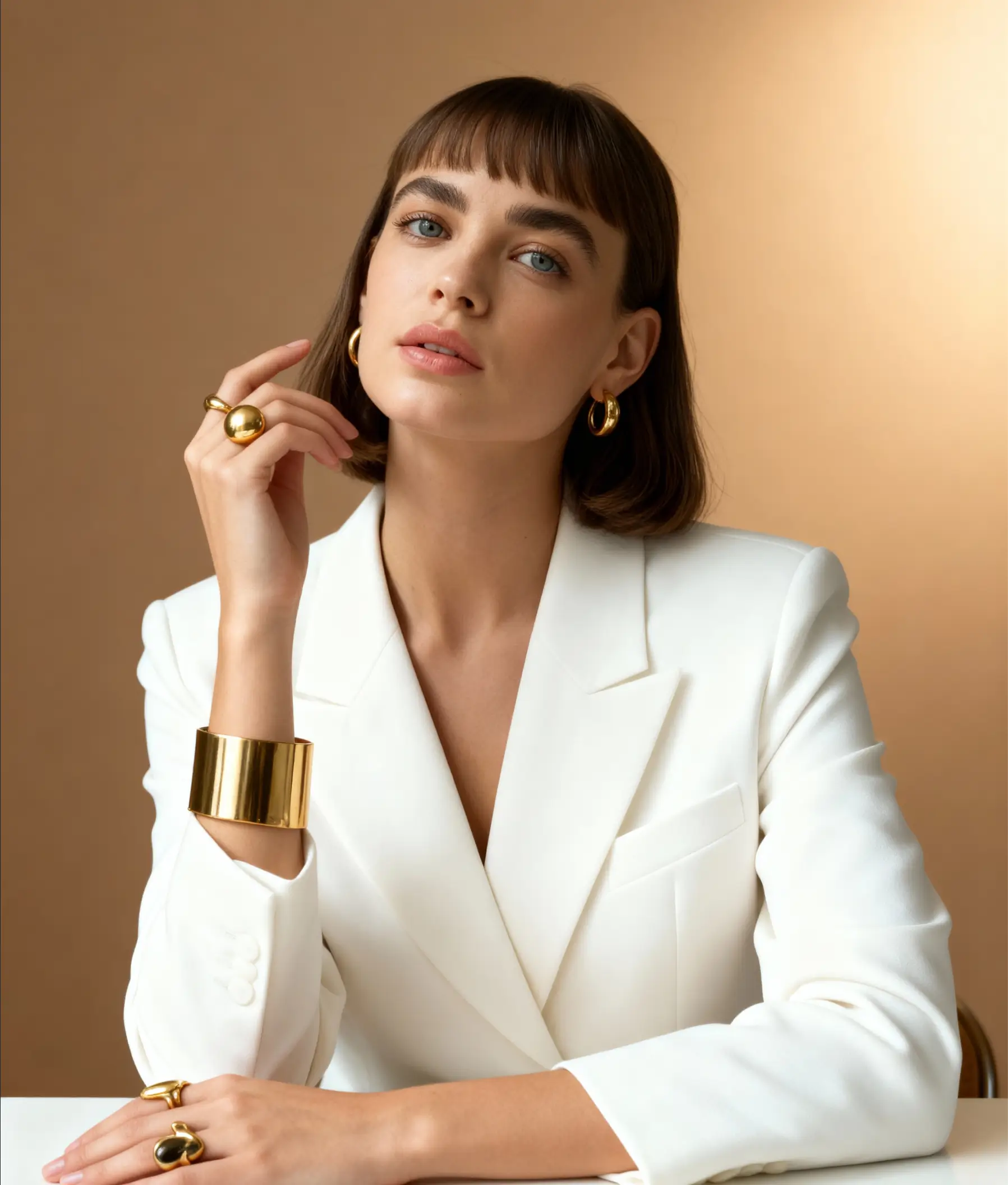 A professional headshot of a woman in a white blazer with gold accessories, softly lit against a warm beige gradient background.