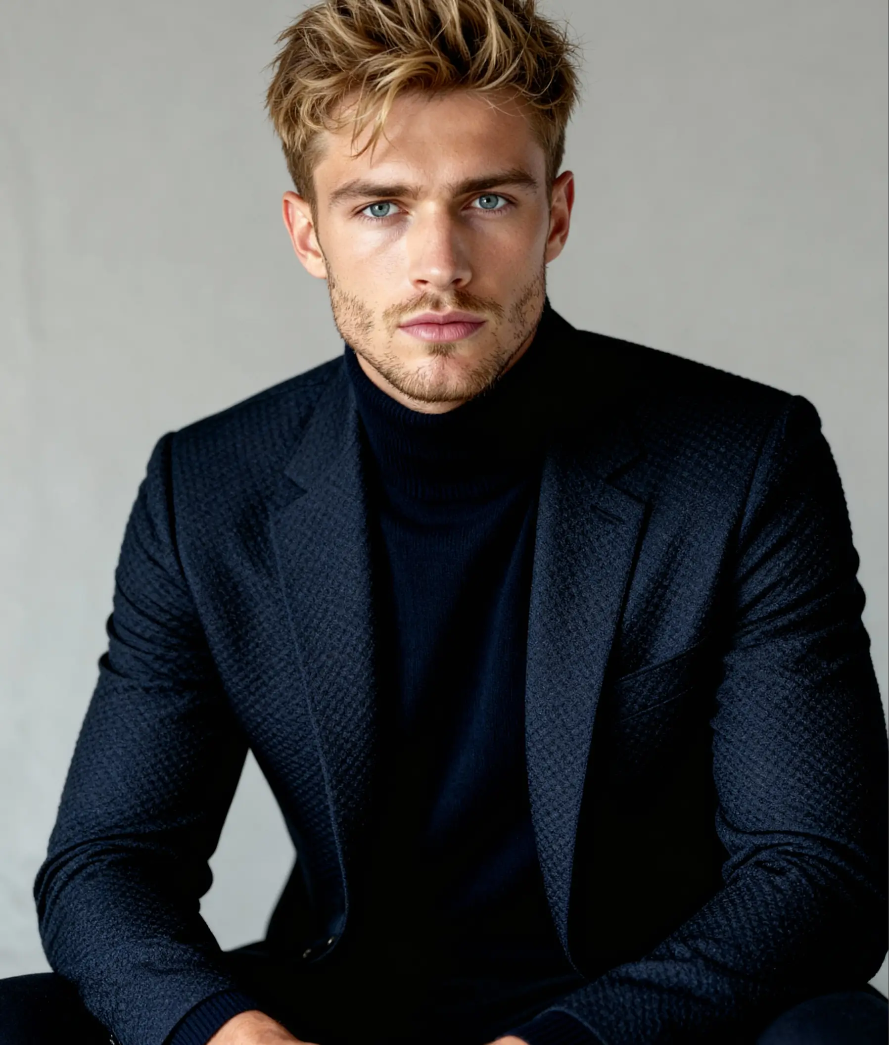 A professional headshot of a young blonde man wearing a textured dark blazer and black turtleneck, looking confidently at the camera with a soft neutral background.
