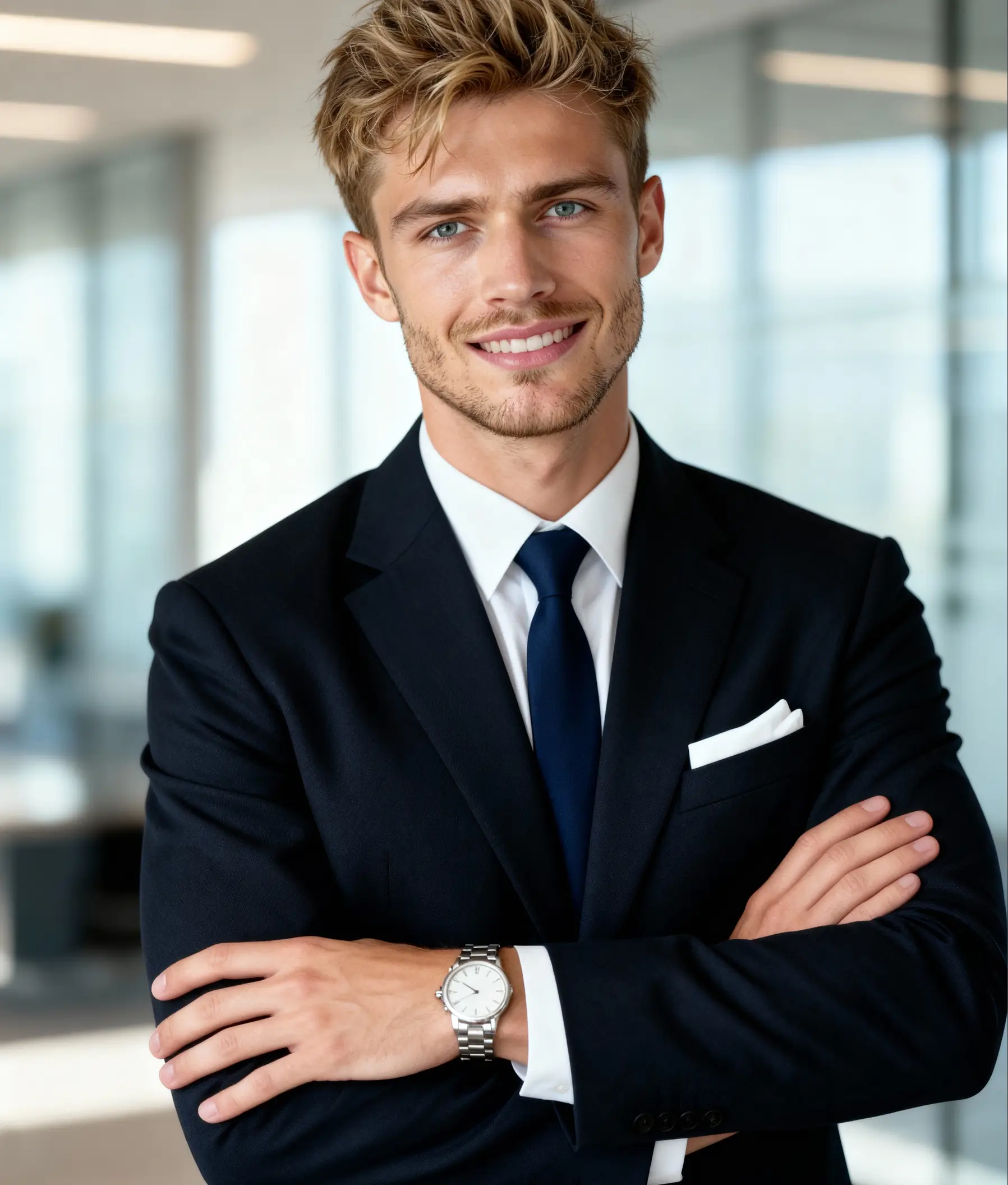 A professional headshot of a smiling man in a navy business suit, standing with arms crossed in a bright modern office environment.