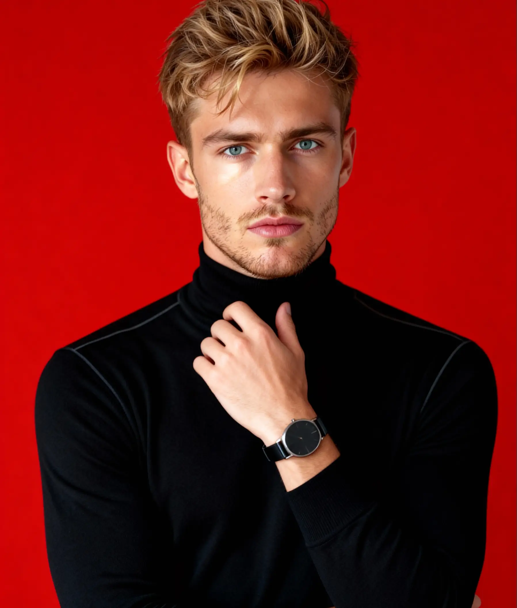 A professional headshot of a young man in a black turtleneck standing against a bold red background, looking directly at the camera.