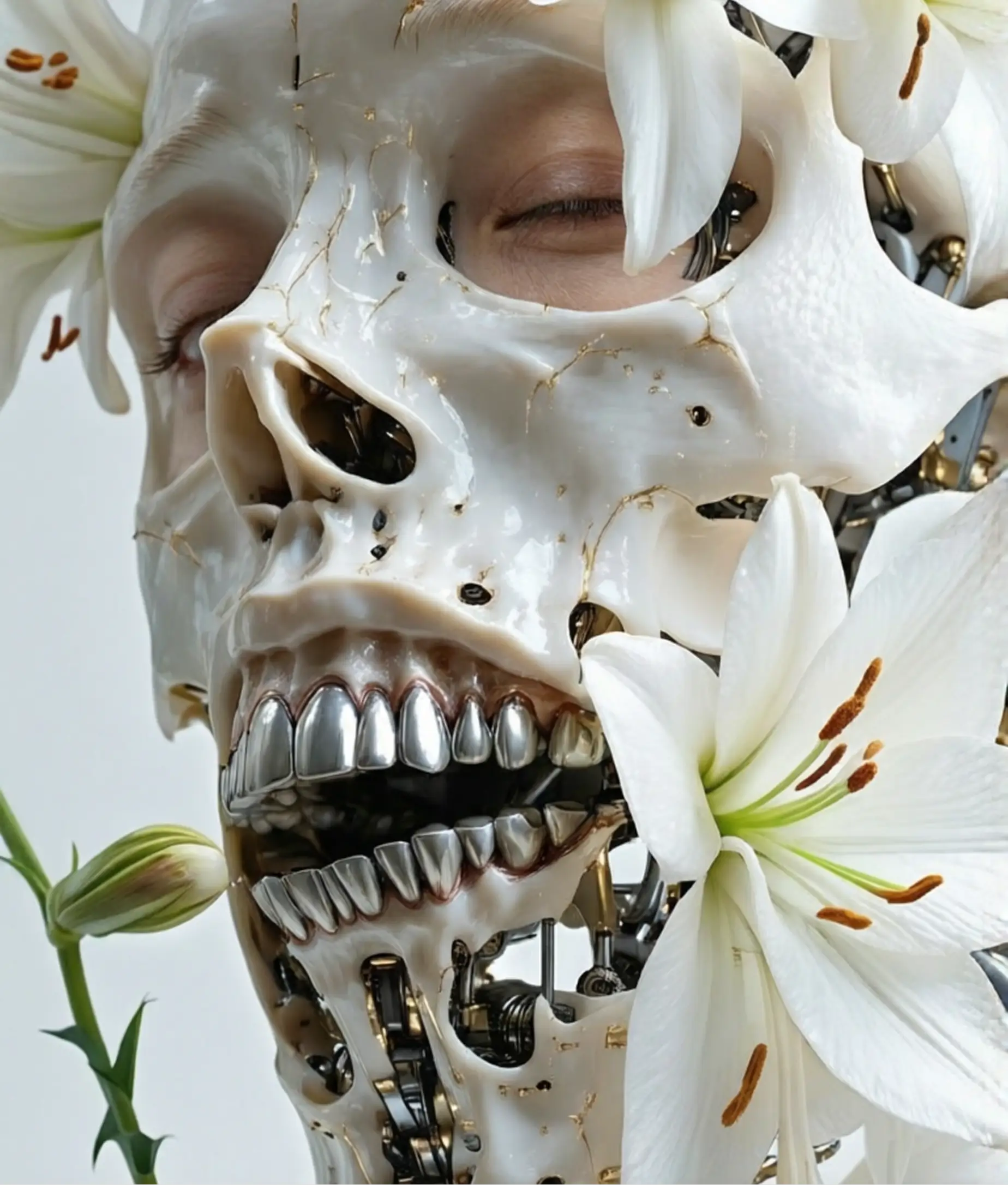 Qwen Image 2 ultra realistic biomorphic skull with metallic teeth and white lily flowers artistic AI render