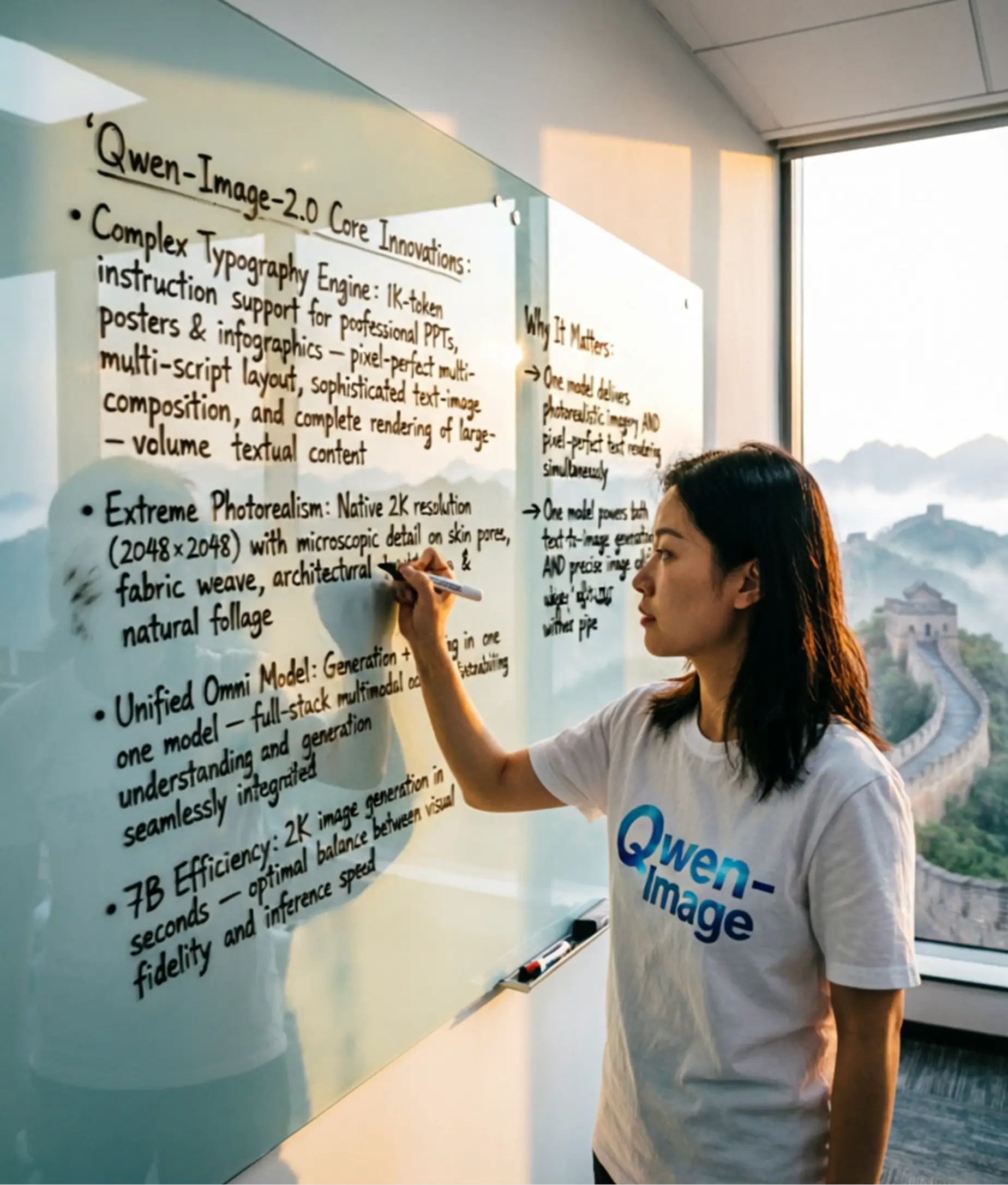 Qwen Image 2 AI concept presentation with woman writing innovations on glass board in modern office