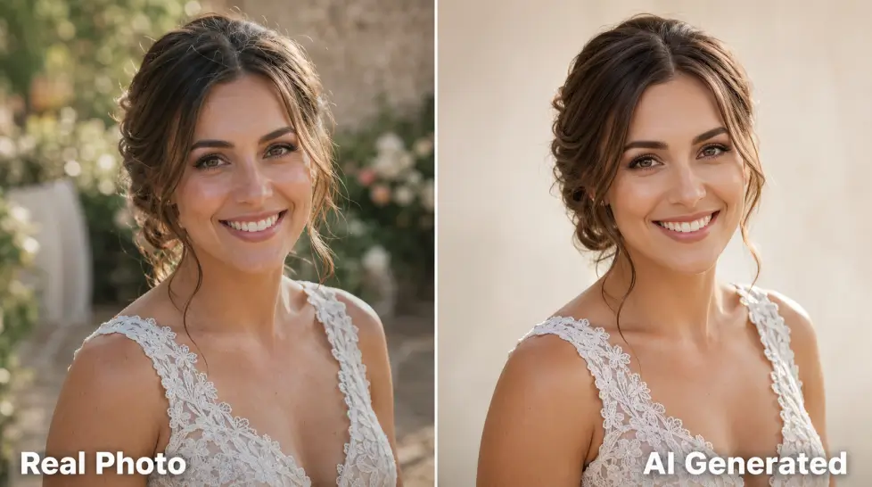Side-by-side comparison of a real bride photo and an AI generated bridal portrait, showing the same smiling woman in a lace wedding dress with natural outdoor lighting on one side and a polished studio-style AI version on the other.