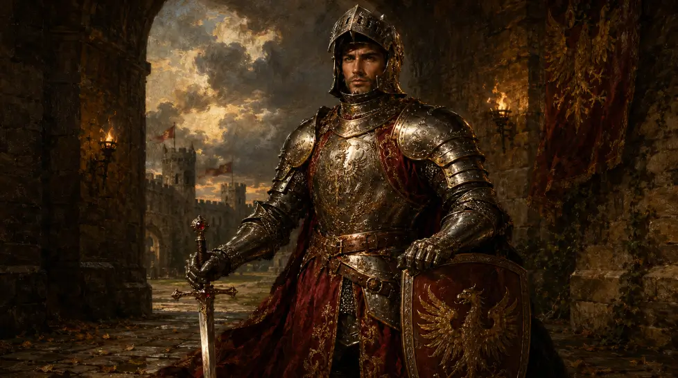 Dramatic Renaissance-style portrait of a medieval knight in ornate plate armor holding a sword and shield in an ancient castle courtyard with torchlight, storm clouds, and crimson heraldic details.