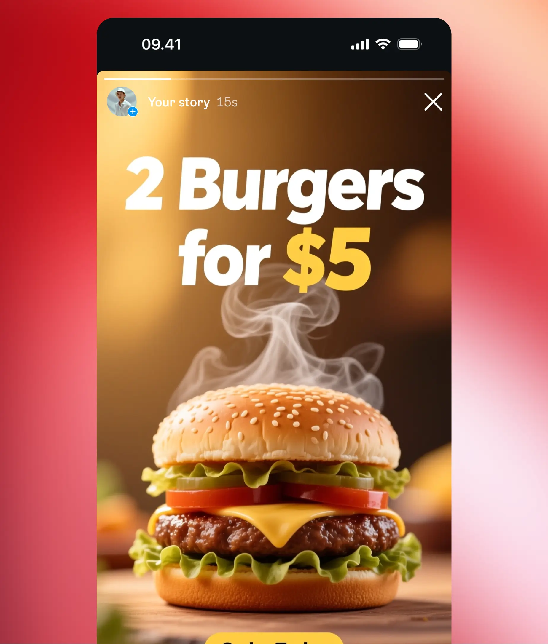 Instagram story ad with a steaming cheeseburger and bold text promoting “2 Burgers for $5.