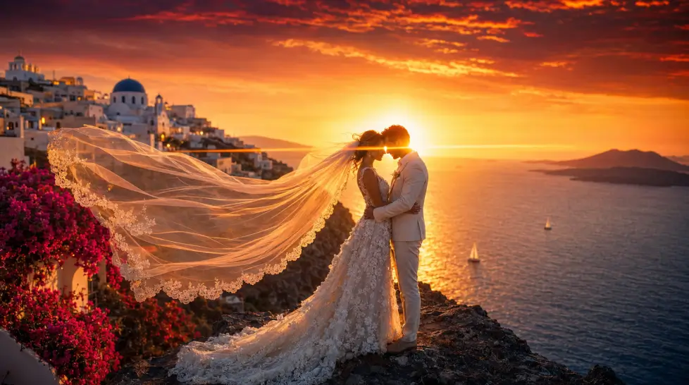 Bride and groom embracing on a Santorini clifftop at golden hour, with a billowing lace veil, whitewashed village architecture, fuchsia bougainvillea, sapphire Aegean Sea, sailboats, and a dramatic orange sunset.