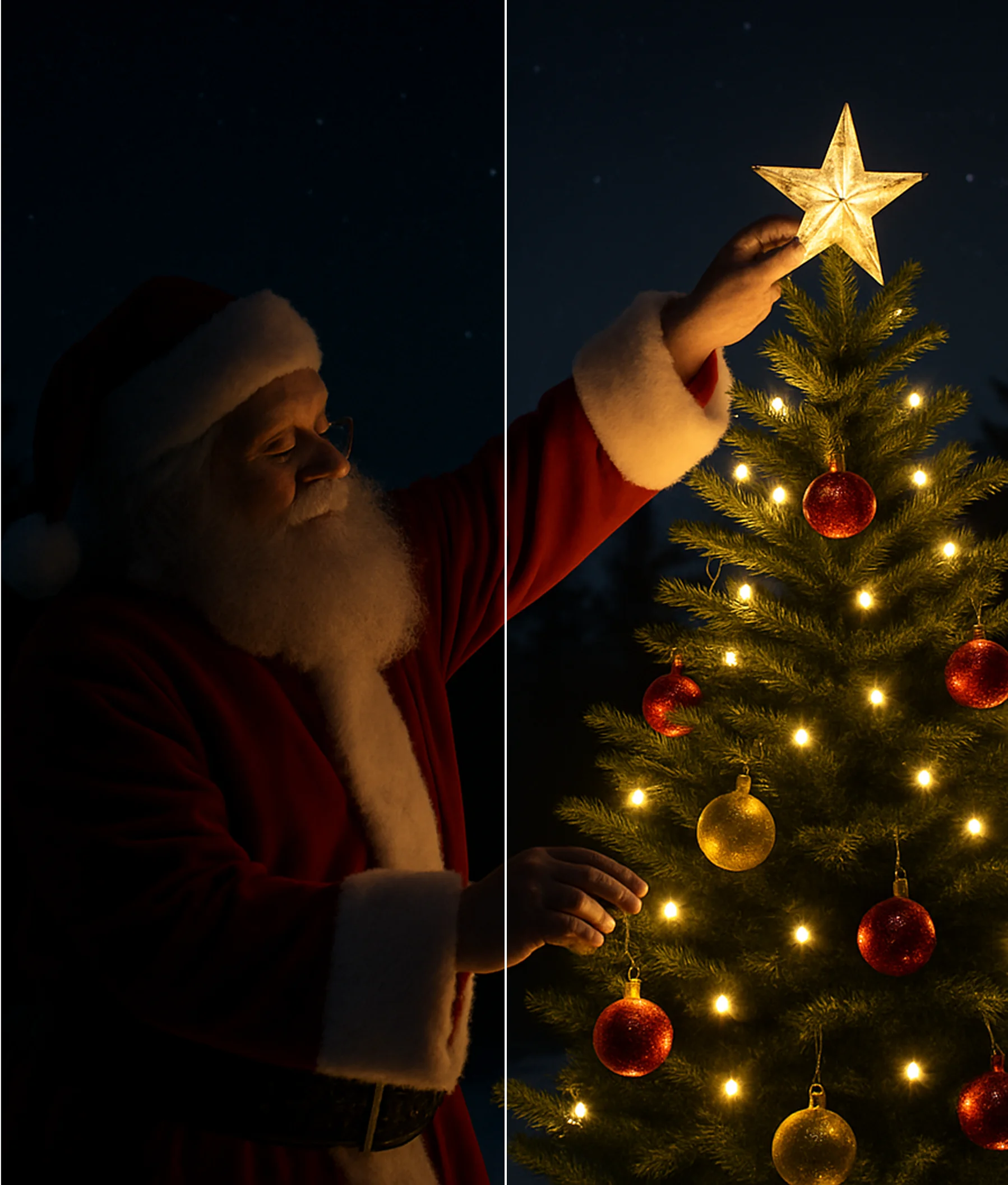 Santa decorating a Christmas tree, with half of the image brightened using AI image lighting feature.