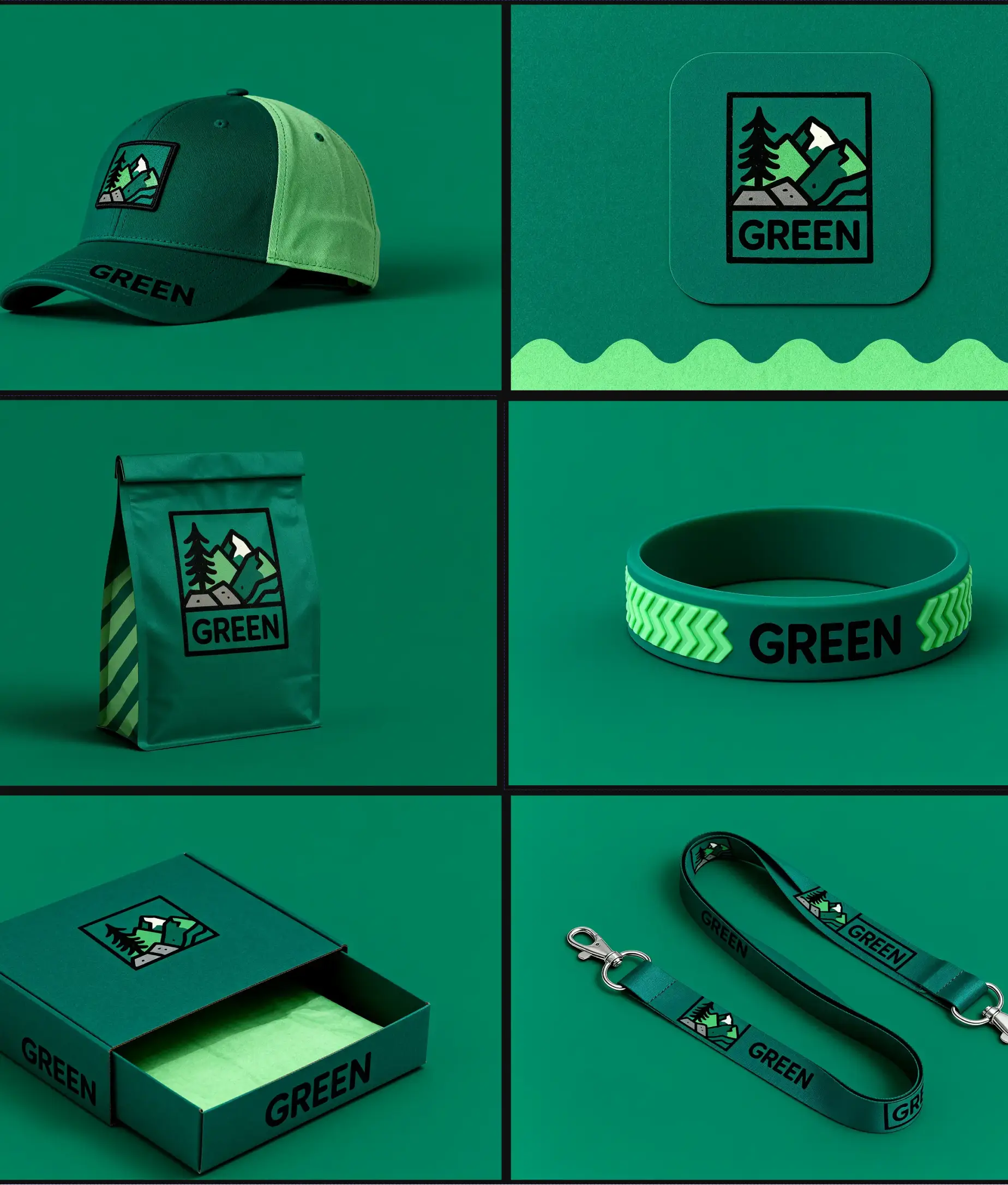 Green-themed merchandise mockups displayed in a grid, including cap, packaging, wristband, and accessories, created with Seedream 4.0.
