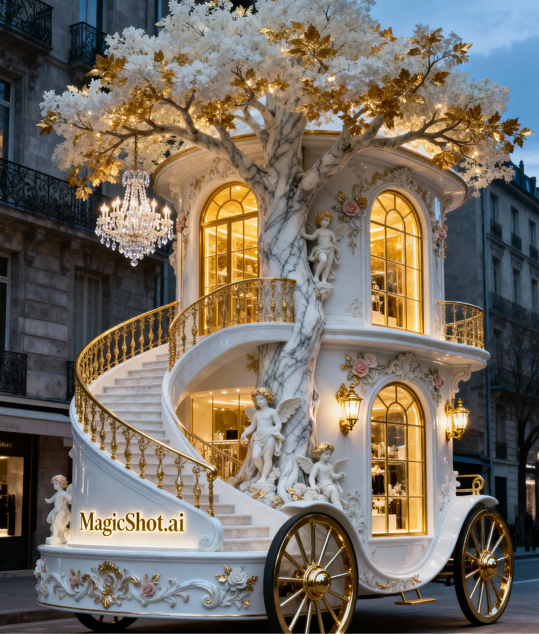 A luxurious fantasy storefront carriage with golden details, marble tree design, and glowing lights, generated using Seedream 4.0.