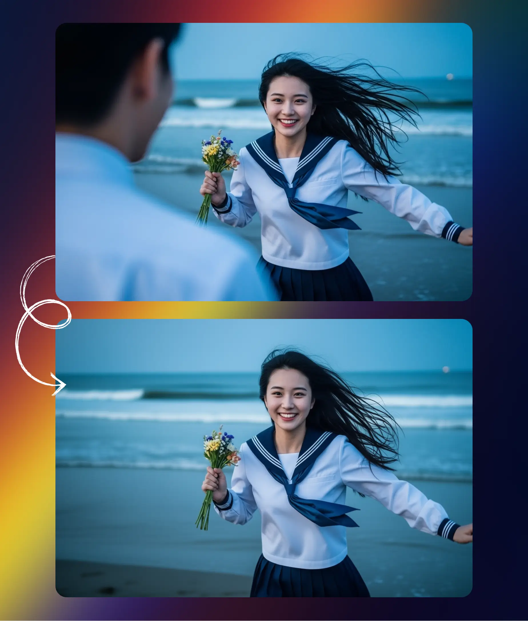 Before-and-after comparison of a girl running on the beach holding flowers, enhanced with Seedream 4.0 for clarity and color.