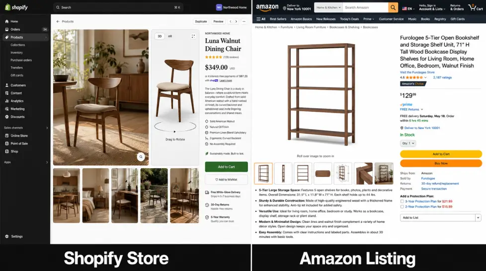 Split-screen ecommerce comparison showing a Shopify furniture product page with lifestyle chair imagery and a 3D viewer beside an Amazon listing with white-background shelf product photos, thumbnails, ratings, bullet points, and Buy Now controls.