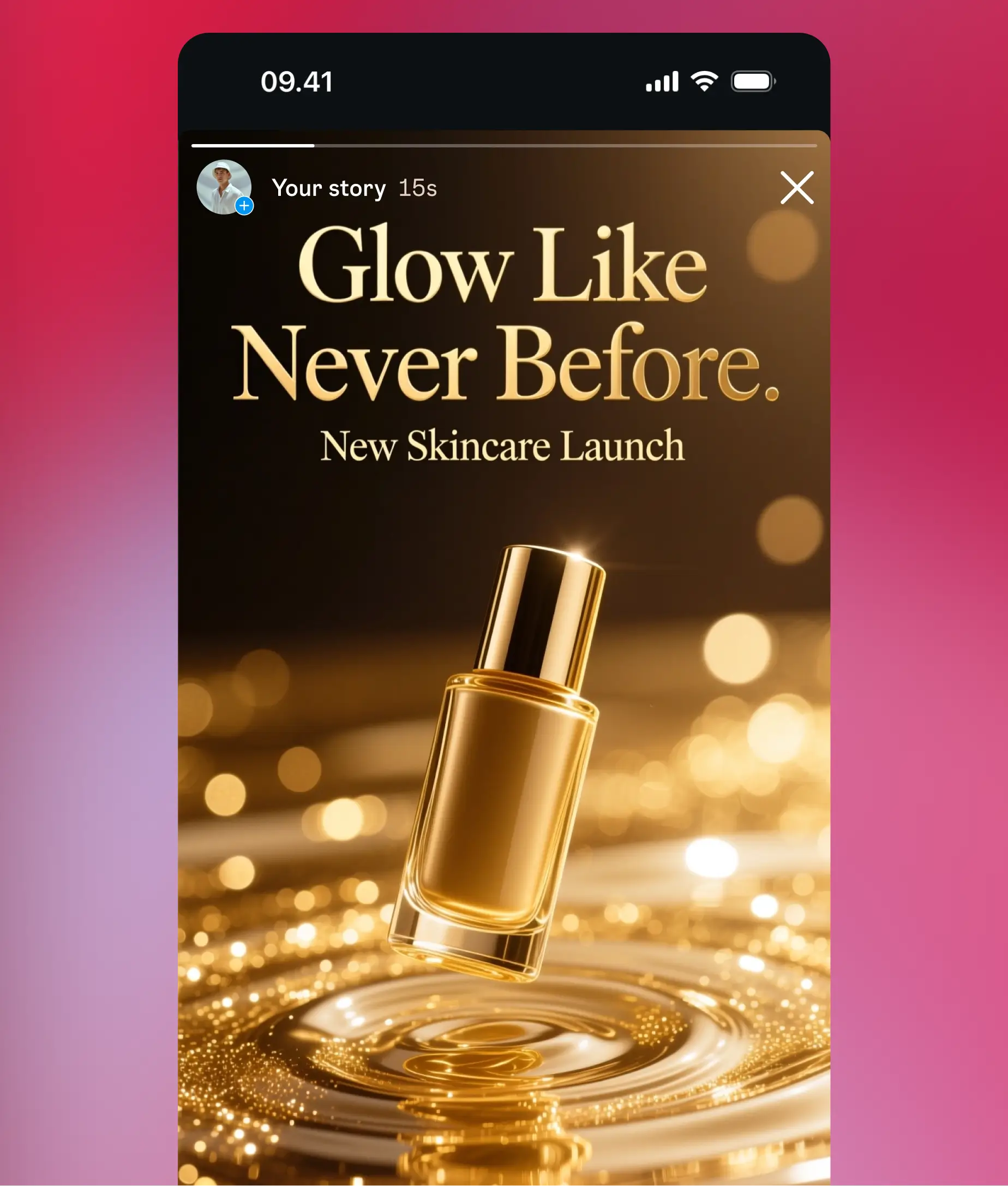 Instagram story ad for a beauty product, showing a golden skincare bottle with sparkling highlights and luxury design.