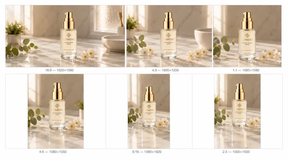 Grid layout showing the same luxury skincare serum bottle adapted into six advertising formats, including 16:9, 4:3, 1:1, 4:5, 9:16, and 2:3 aspect ratios with matching marble surface styling.