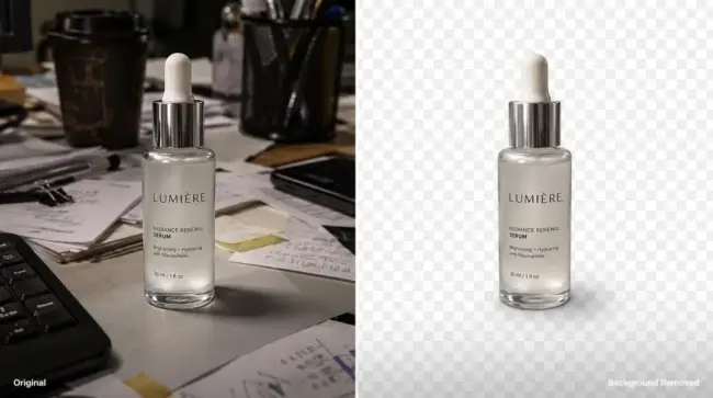 Side-by-side comparison of a skincare serum bottle shown on a cluttered desk in the original image and the same bottle cleanly isolated on a transparent checkered background after background removal.