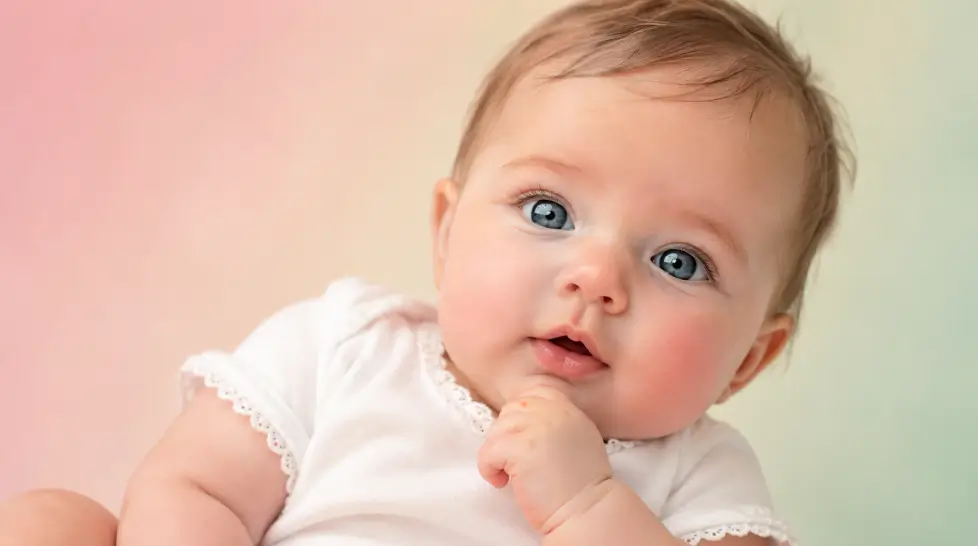 Photorealistic portrait of a chubby-cheeked baby in a white onesie, with bright blue-grey eyes, rosy cheeks, and a soft pastel pink, cream, and mint studio background.