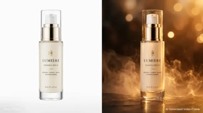 Split-screen comparison of a luxury skincare serum bottle, showing a flat ecommerce product photo on the left and a cinematic AI-generated video frame with golden lighting, bokeh, and mist on the right.