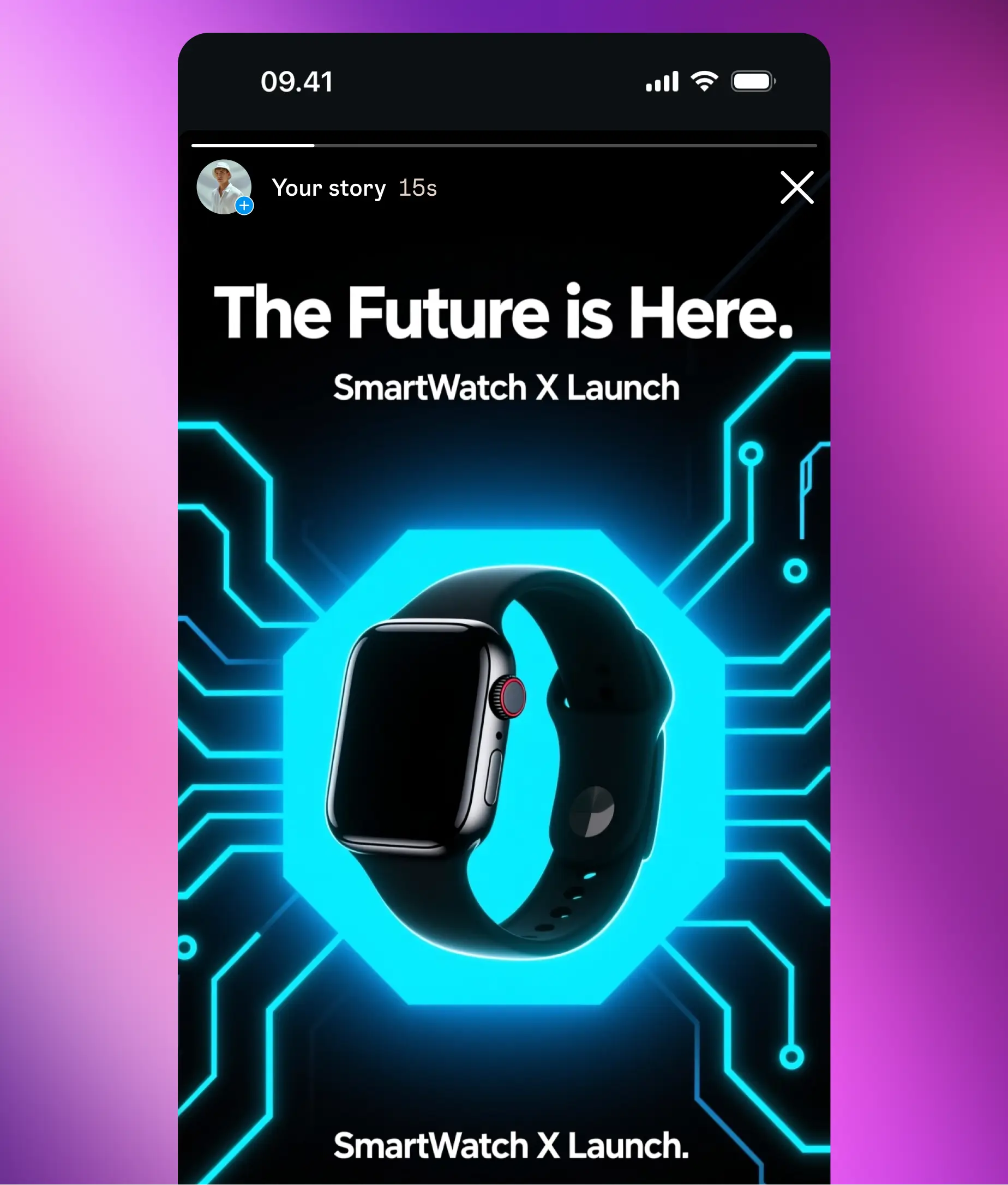 Instagram story ad featuring a smartwatch launch with glowing blue circuit patterns and futuristic design.