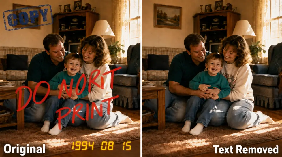 Before and after comparison of a warm 1990s family photo showing yellow date stamp, red handwritten text, and blue copy stamp removed from a nostalgic living room portrait.