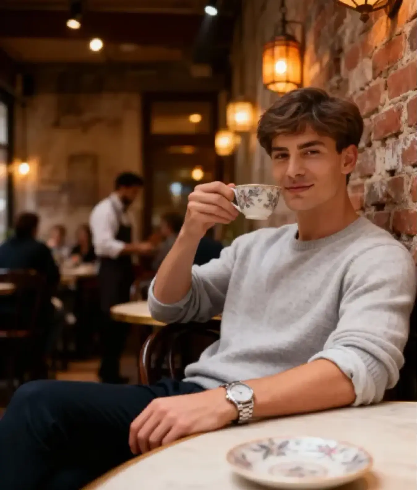 A man enjoying coffee in a cozy café with warm lighting, generated with a Tinder Profile Generator to give a friendly and approachable personality style.
