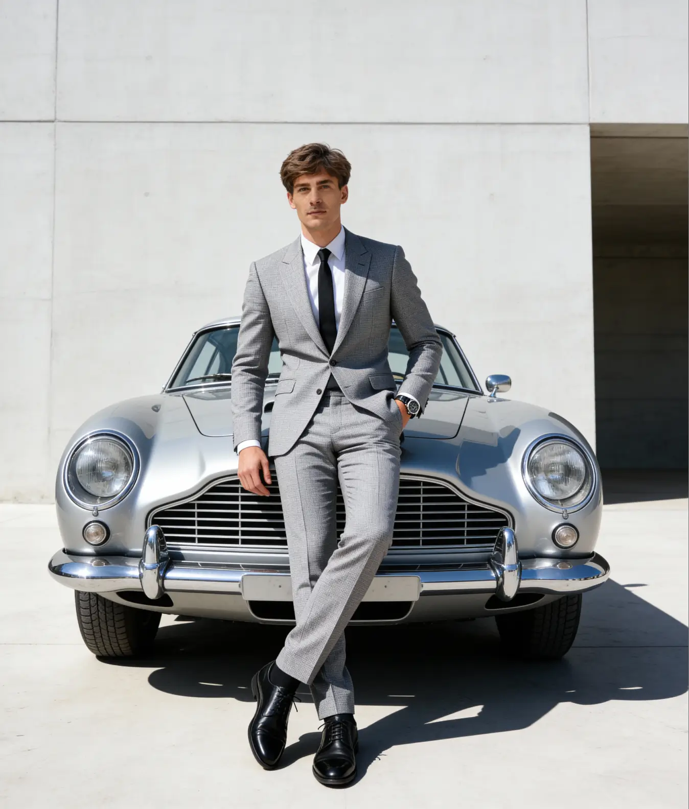A man in a tailored grey suit posing in front of a classic silver car, created using a Tinder Profile Generator to show confidence and elegance.