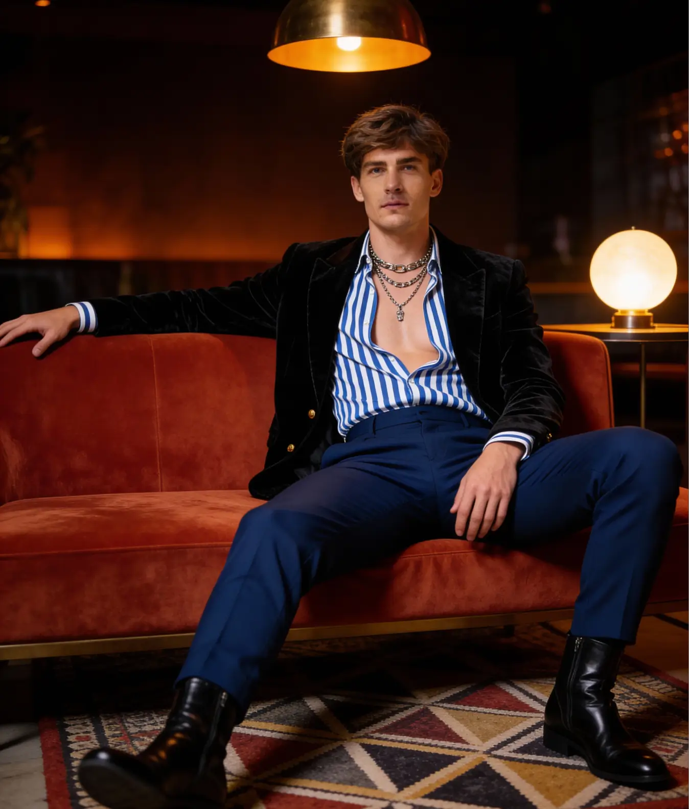 A man dressed in a stylish striped shirt and velvet jacket sitting in a modern lounge, generated with a Tinder Profile Generator for a bold, fashionable profile aesthetic.