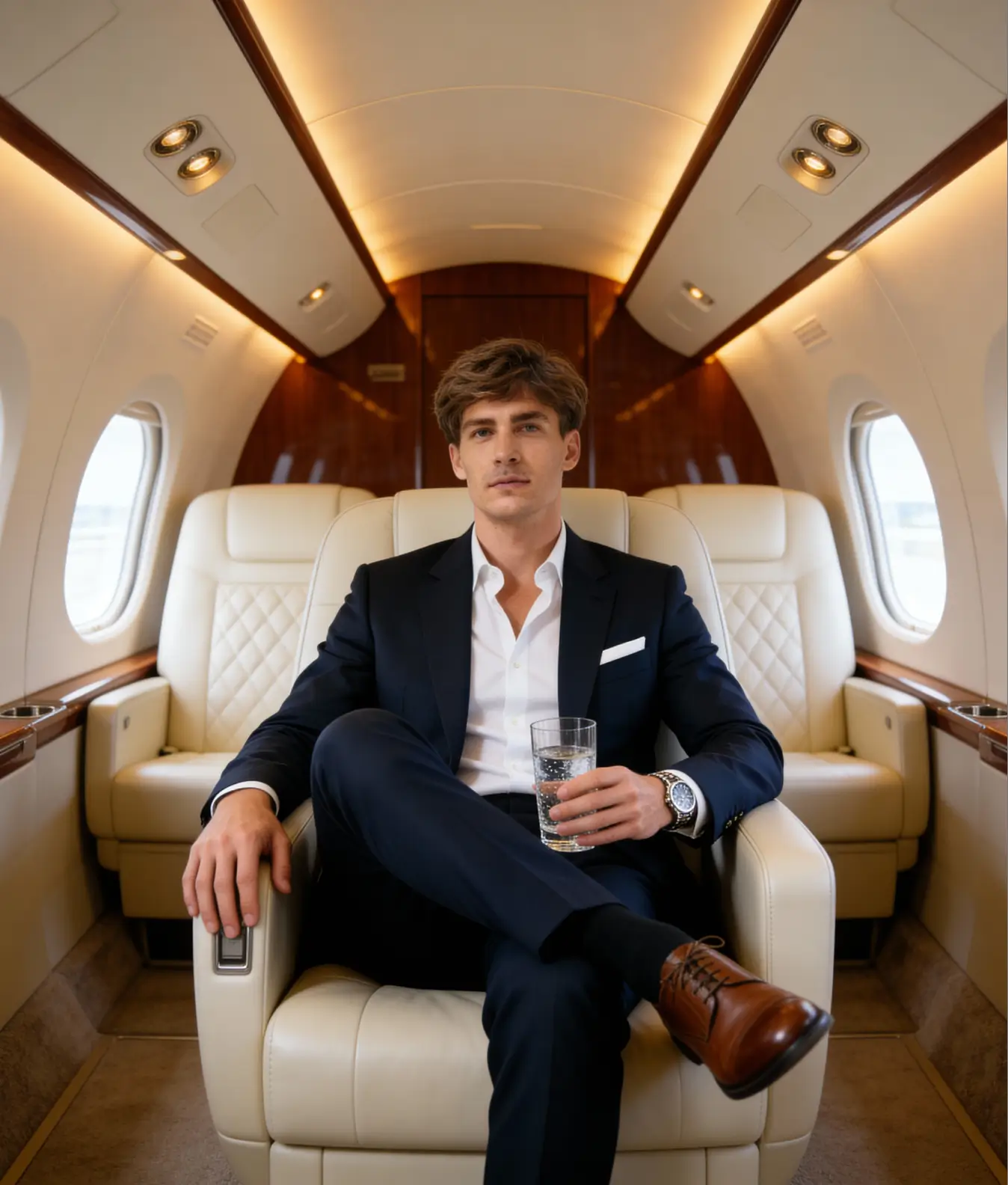 A man in a navy suit relaxing inside a private jet, produced with a Tinder Profile Generator to create a premium, high-value lifestyle look.