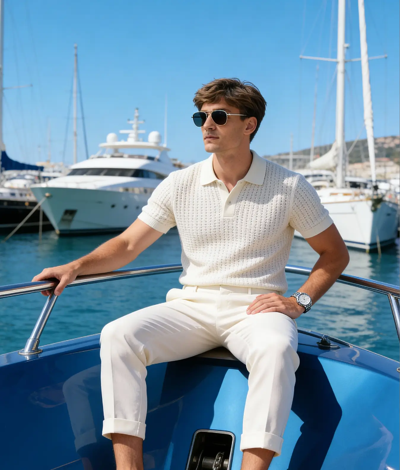 A stylish man sitting on a yacht under clear blue skies, created using a Tinder Profile Generator to give a luxury travel vibe.