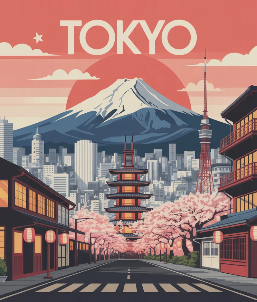 Retro Tokyo city poster with Mount Fuji and cherry blossoms – travel-themed artwork made using AI Illustration Generator