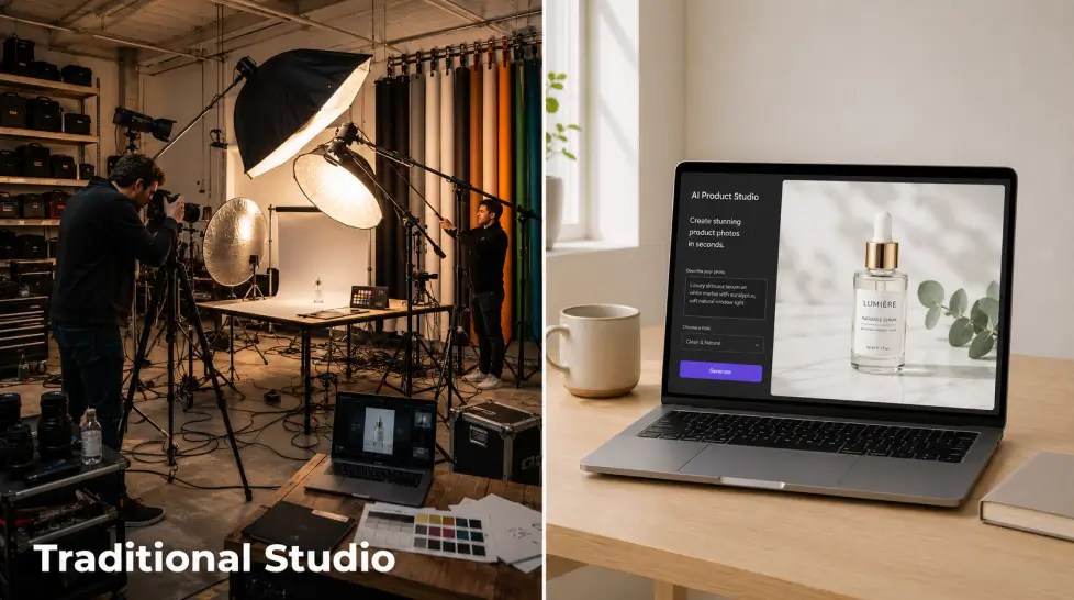 Side-by-side comparison of a cluttered traditional product photography studio and a minimal AI product photography setup on a laptop, showing the same skincare serum bottle photographed professionally with far less equipment.