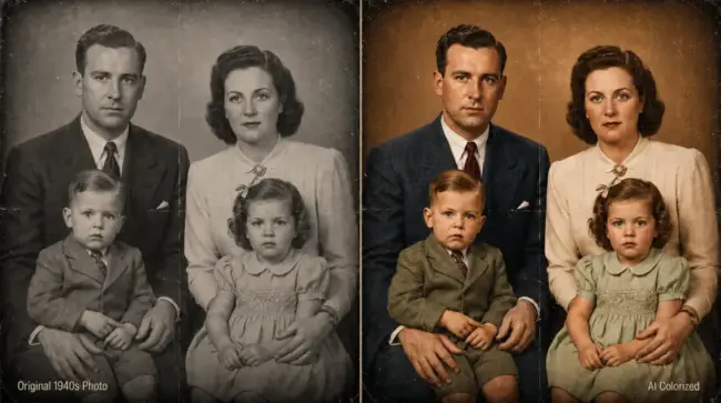 Side-by-side comparison of an aged 1940s black-and-white family portrait and the same photo richly restored with AI colorization while preserving scratches, film grain, worn edges, and vintage character.