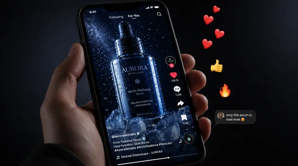 Smartphone mockup showing a TikTok-style viral product video of a luxury skincare serum bottle with water droplets, ice, dramatic blue lighting, engagement icons, floating hearts, and social media comments.