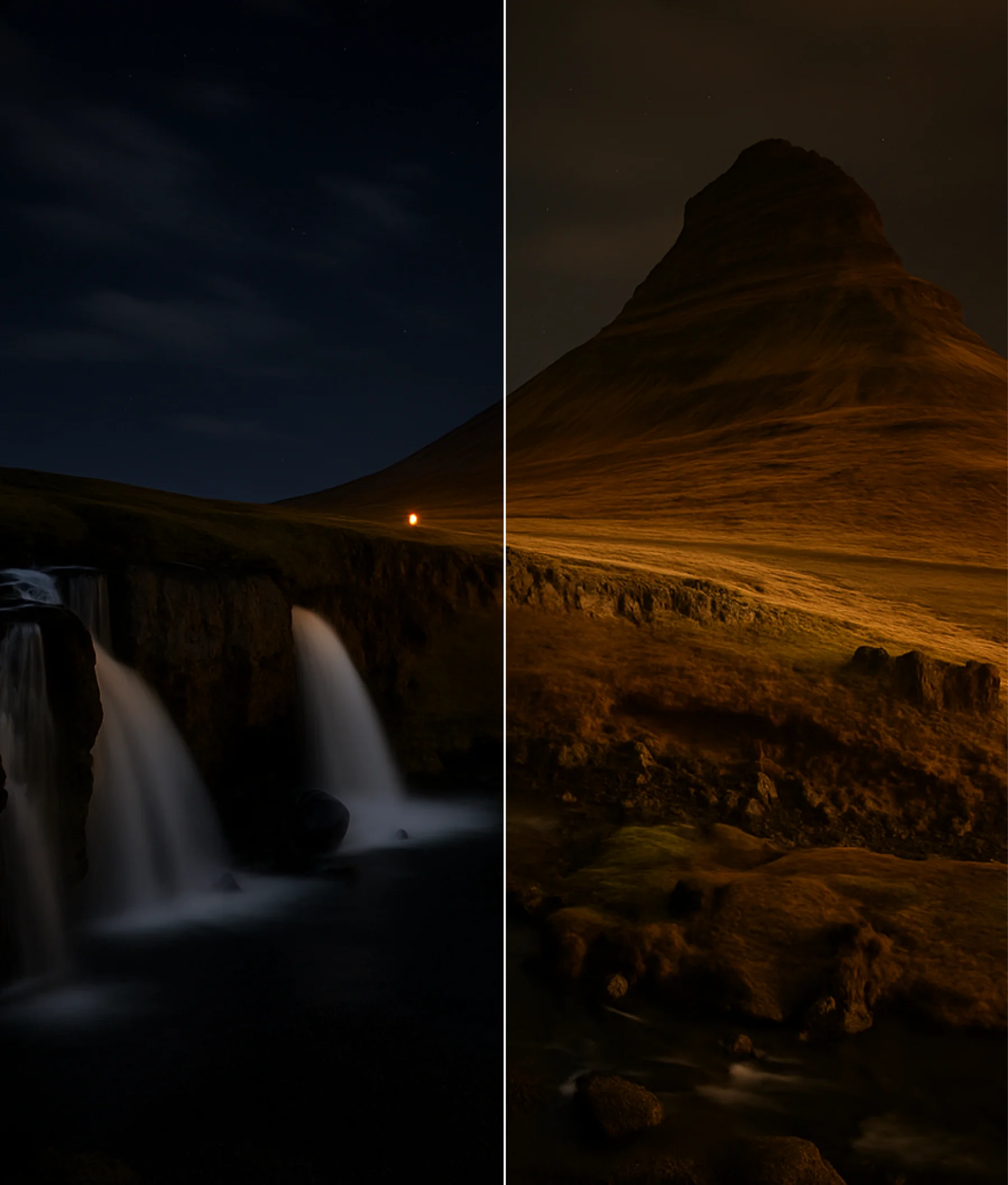 Scenic waterfall and mountain captured at night, brightened on one side with AI lighting enhancement tool.