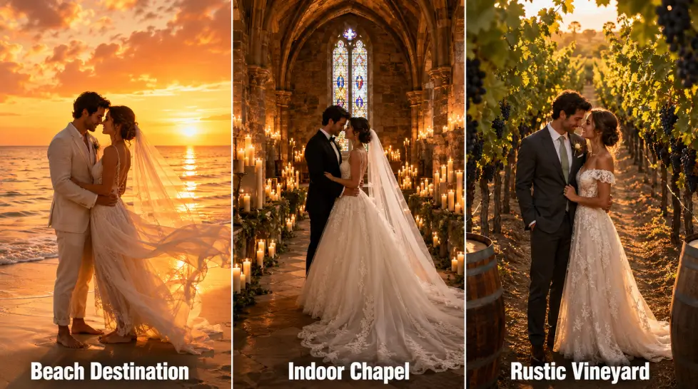 Three-panel wedding photography comparison showing the same bride and groom in a beach destination wedding, candlelit indoor chapel ceremony, and rustic vineyard portrait, each with distinct venue styling and warm romantic lighting.