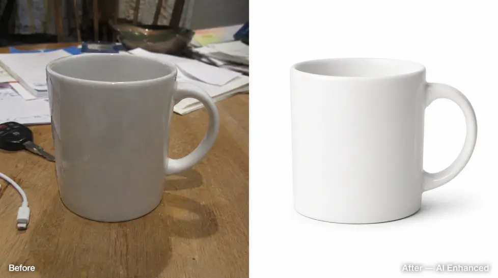 Side-by-side comparison showing a plain white ceramic mug photographed on a cluttered wooden table before editing and the same mug transformed into a clean professional studio product image on a seamless white background after AI enhancement.